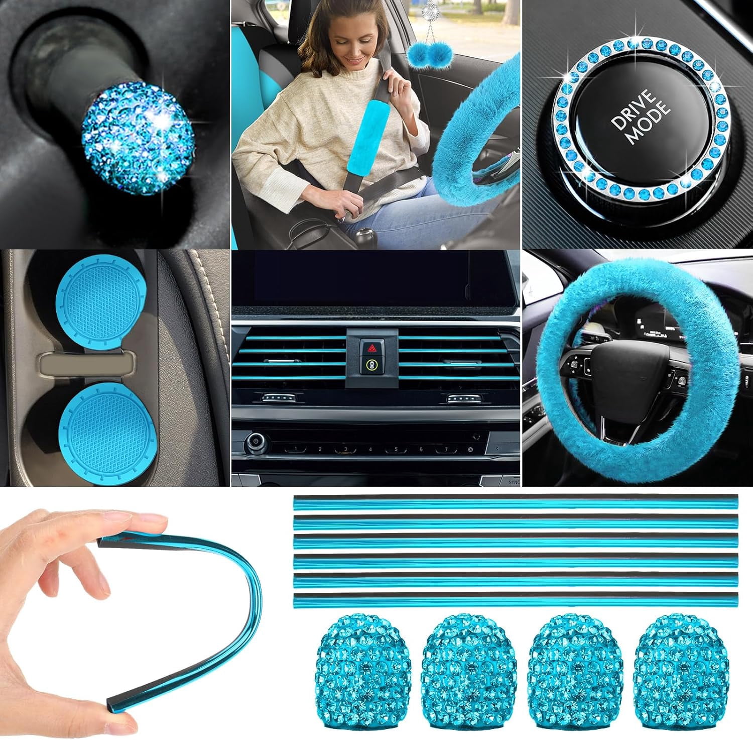 chalian 47 Pcs Car Seat Cover Full Set Car Accessories for Front Rear Seat Fluffy Steering Wheel Cover Belt Automotive Floor Mats Air Conditioner Decoration Strip(Lake Blue)