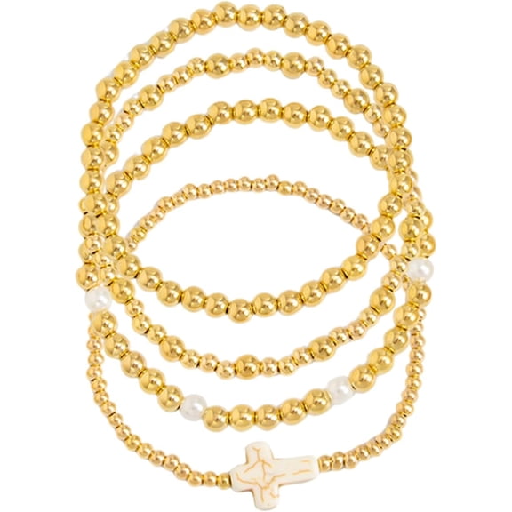 Gold Beaded Bracelets for Women Trendy Cross Stackable Bracelets Simple Stretch Bracelet Set Cute Preppy Elastic Bracelet Pack Charm Jewelry Gifts