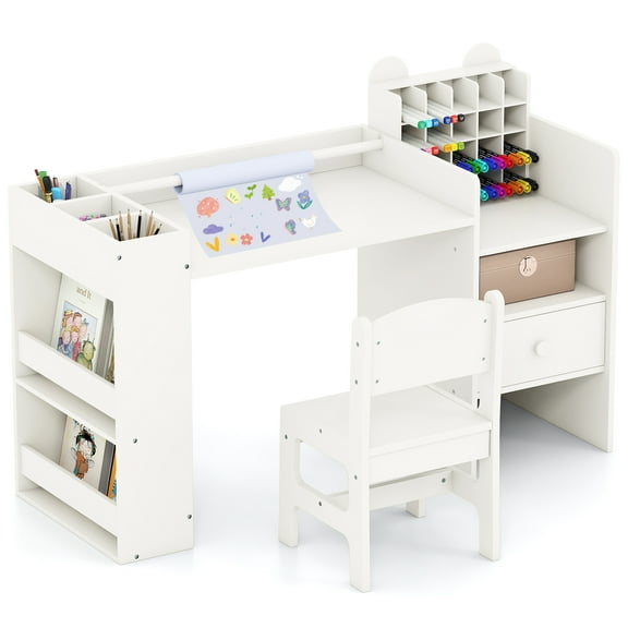 Gymax Kids Art Table & Chair Set w/Detachable Paper Roll Holder & Cubby Cabinet Drawer White