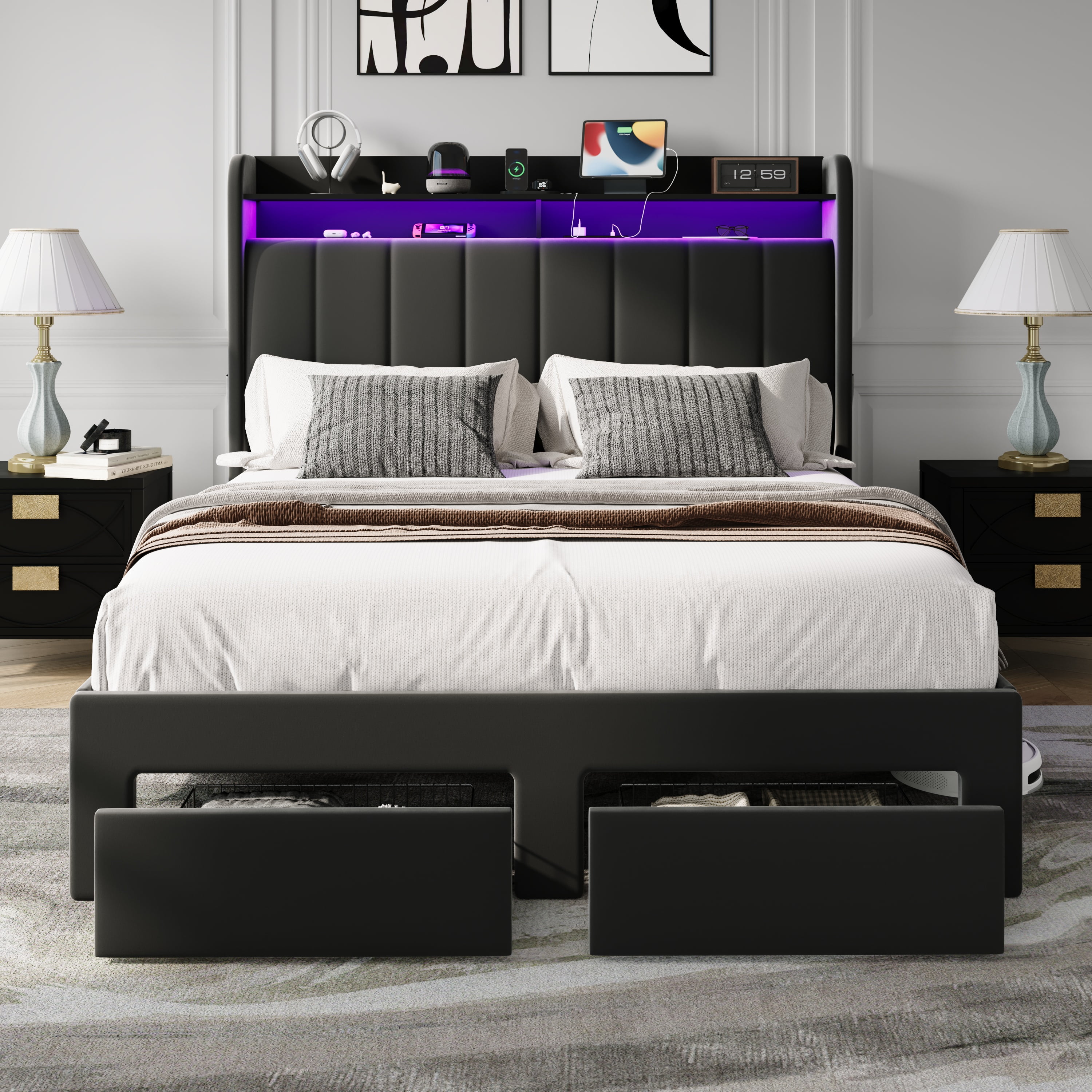 Amolife Queen Size Platform Bed Frame with 2-Tier LED Storage Velvet Wingback Headboard & 2 Storage Drawers, USB & Type-C Charging Ports, Black