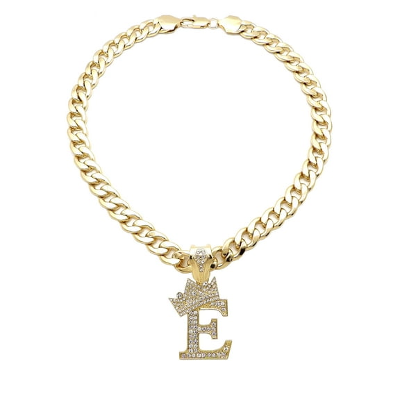iJewelry2 Kings and Queens Crowned Initial Letter E Crystals Pendant Gold-tone Cuban Linked Chain Necklace