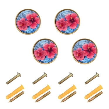 Hibiscus Flowers and Palm Leaves Cabinet Knobs Sets Kitchen Pulls Dresser Drawer Handles Hardware Decorate for Bathroom Wardrobe Closet Knob 4 Packs
