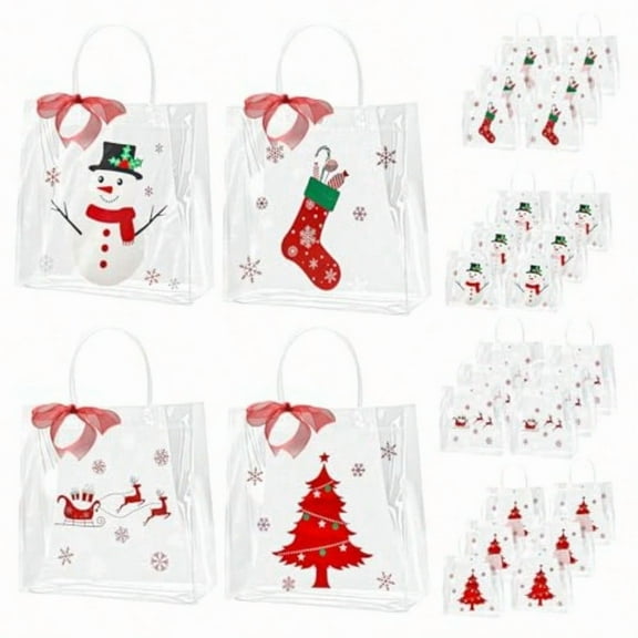 60 Pcs Christmas Clear Gift Bags with Handles 7.8 x 7.8 x 3.1 Inches Plastic Xmas Candy Treat Bags with Ribbon PVC Gift Totes for Retail Wedding Birthday Party Favors