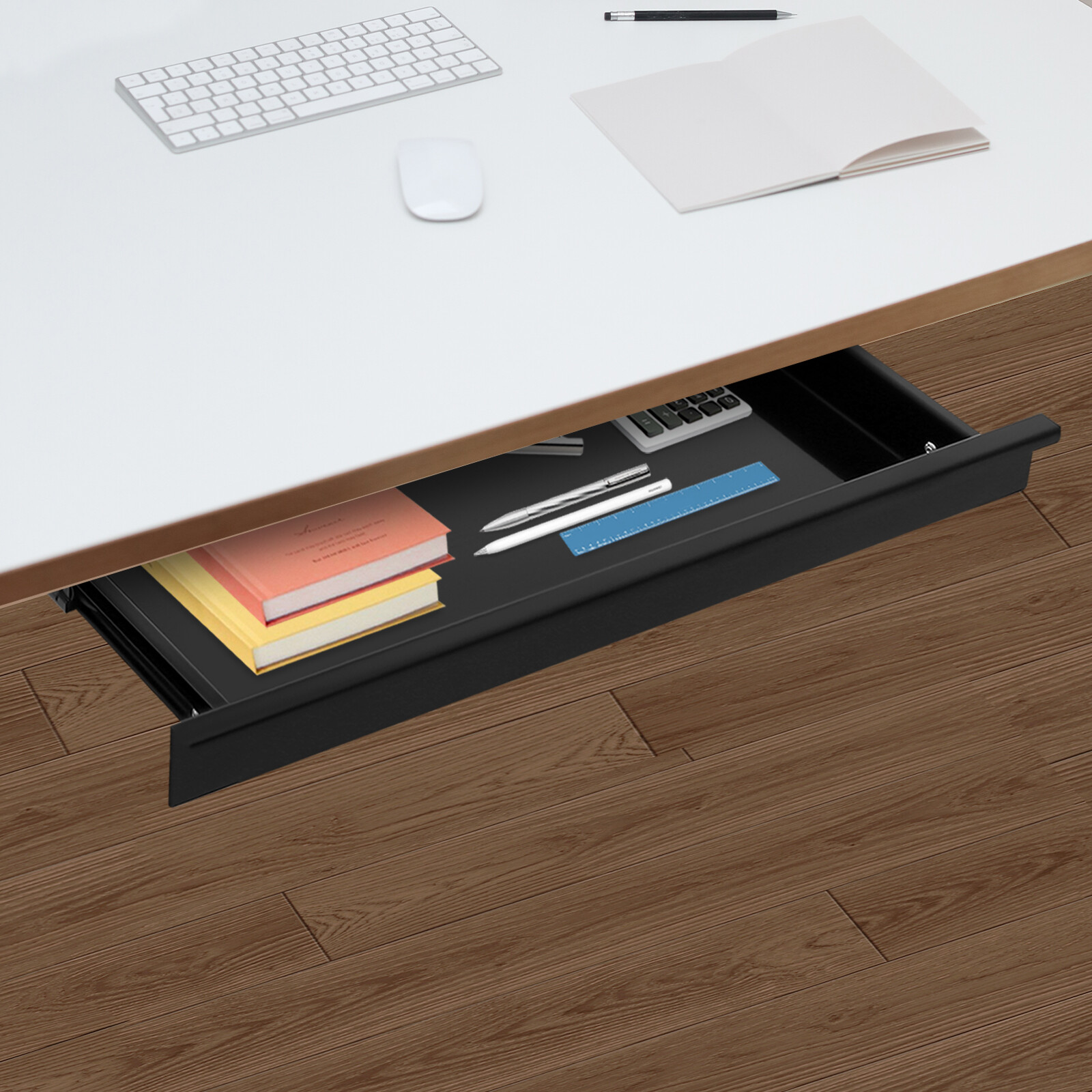 Modern Rectangular Under Desk Sliding Pull-Out Drawer Drawer Storage Organizer Black For Standing Desks