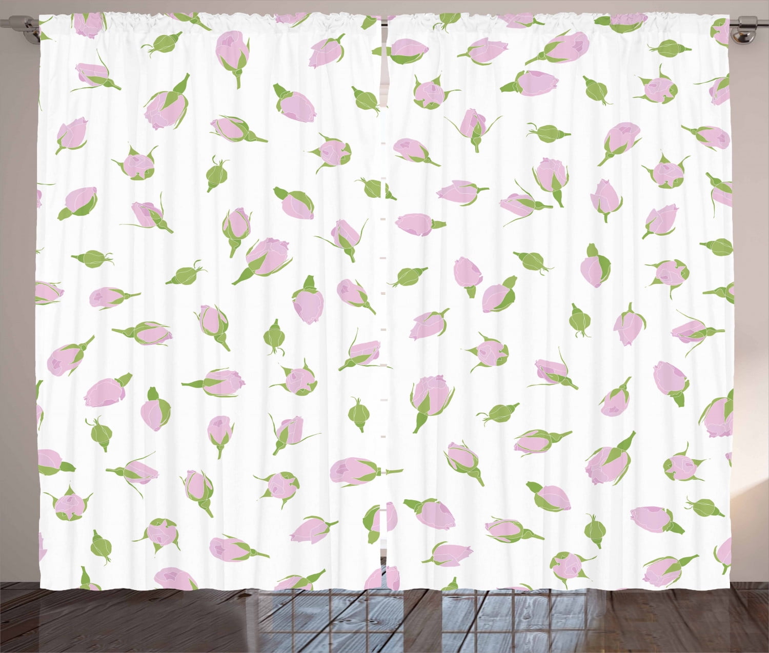 Rose Curtains 2 Panels Set, Rosebuds Romantic Flowers with Leaves