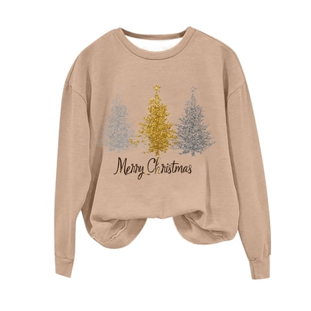 asdoklhq Fall Tops for Women 2025 Christmas Women s Fashion Casual Printed Long Sleeve Round Neck Hoodless Sweatshirt Khaki 2X