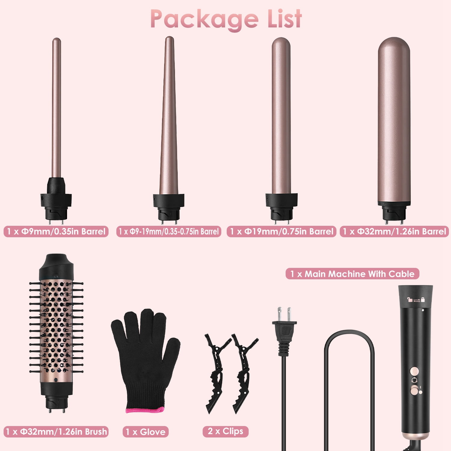 Moclever 5 in 1 Hair Curling Wand, Thermal Brush Curler with 4 Heating Levels 360° Rotatable Cable 1H Auto off, 5 Interchangeable Barrels 2 Clips, Rose Gold