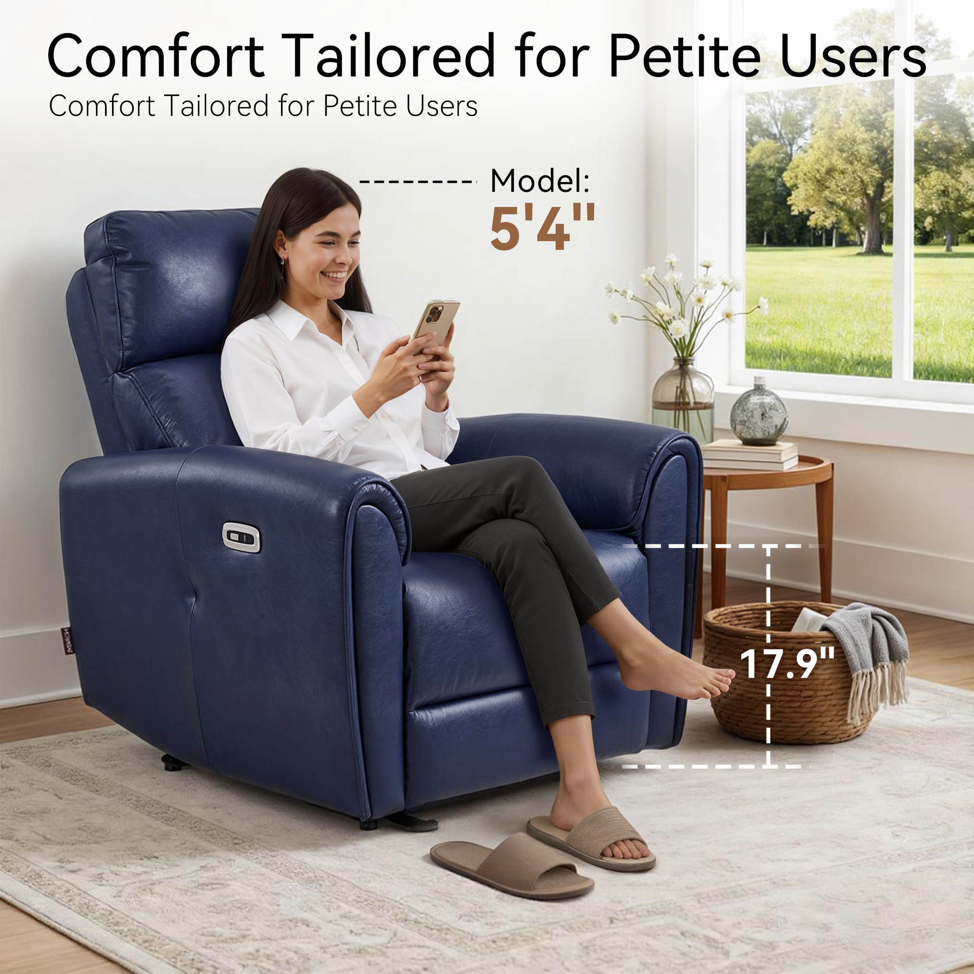 MCombo Zero Wall Hugger Power Recliner Chair for Small Spaces, FSC Certified, Faux Leather, Navy Blue