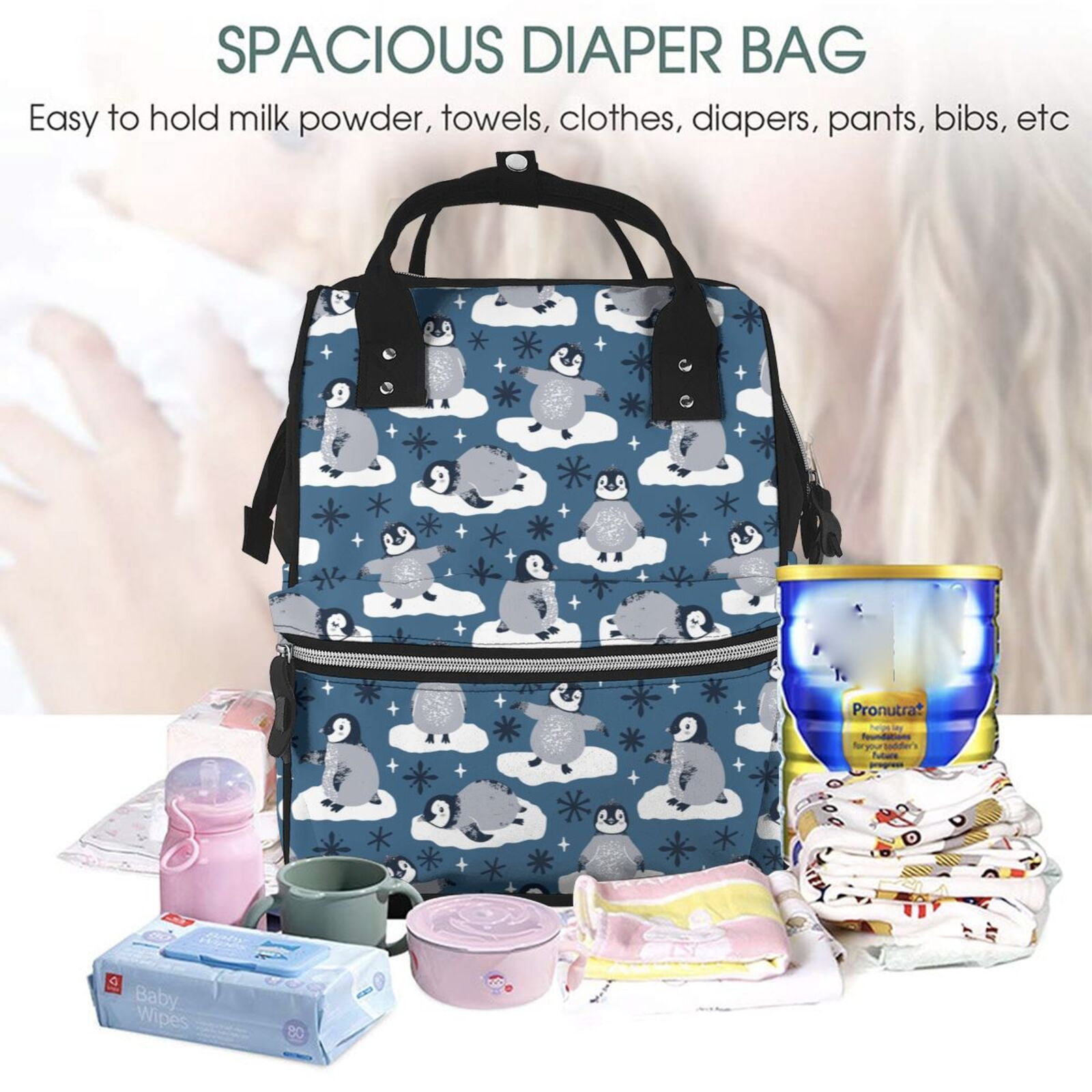 Ratiio Snow Penguin Mummy Backpack - Waterproof Twill Canvas, Large Capacity Diaper Bag with Multiple Pockets and Adjustable Straps