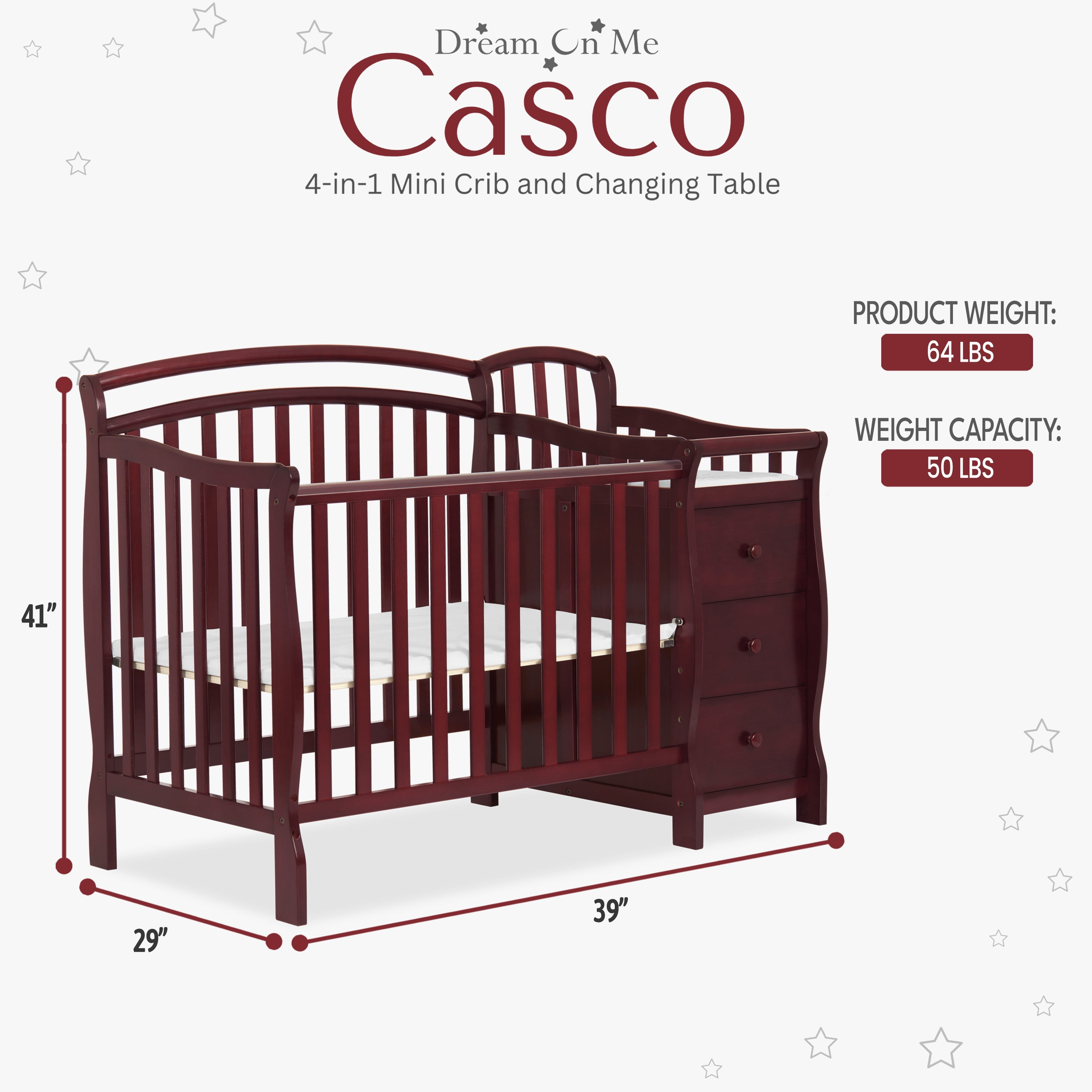 Free Shipping Dream On Me Casco 4 in 1 Baby Mini Crib And Changing Table Cherry Made Of Pinewood Walmart