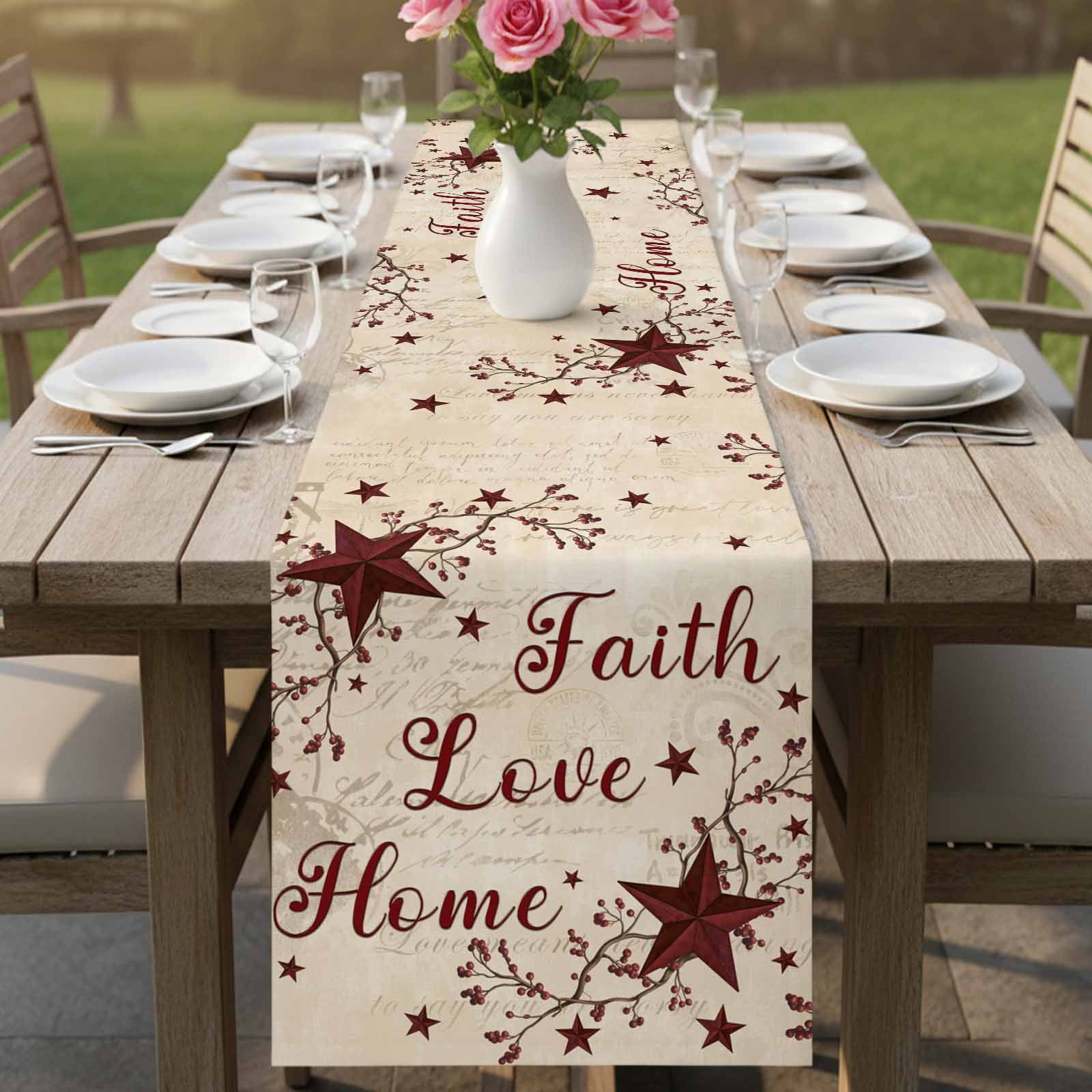 Vintage Country Cotton Linen Table Runner for Dining Kitchen, Vintage Rustic Texas Stars Plants Branch Wedding Outdoor Party Tablerunners, Dresser Scarf Coffee Tablecloth Runners 13x60 Inches