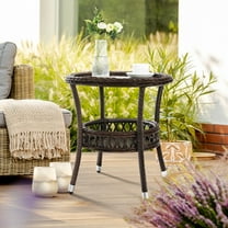 Patio Novagarden Outdoor Classic Simple Assembly PE Rattan and Tempered Glass Round End Table, Brown