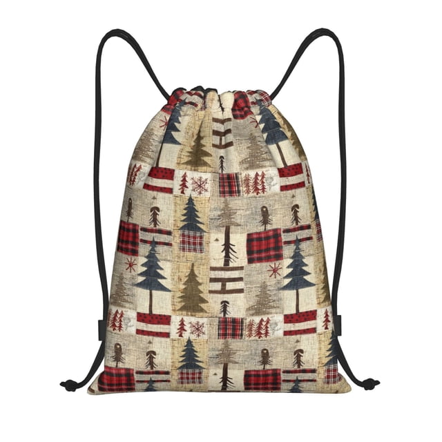 Xecao Rustic Plaid Forest Lodge Pattern Sports Drawstring Backpack - String Swim Gym Bag with Wet Proof Pocket for Women&Men-Medium