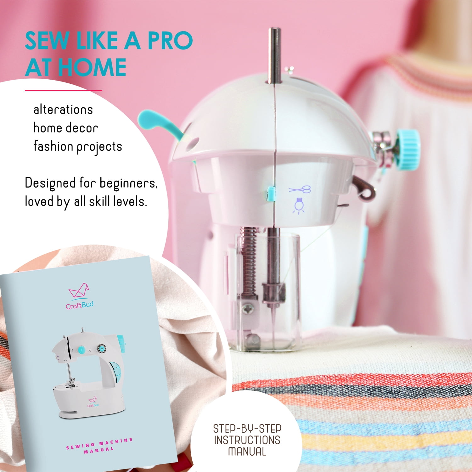 Virtu 122 PC Mini Portable Sewing Machine for Beginner, Kids Sewing Machine and Adults Craft Supplies, Baby Blue