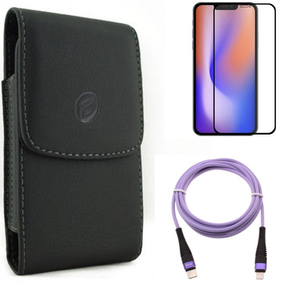 Screen Protector & Case Belt Clip & Purple 10ft PD Cable for iPhone 13/Pro - Combo with Anti-Glare Tempered Glass Matte & Leather Holster Cover & USB-C Extra Long Cord Fast Charger