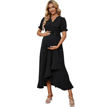

OYang Women s Maternity Dress V-Neck Short Sleeve Ruffle Long Dress Black M