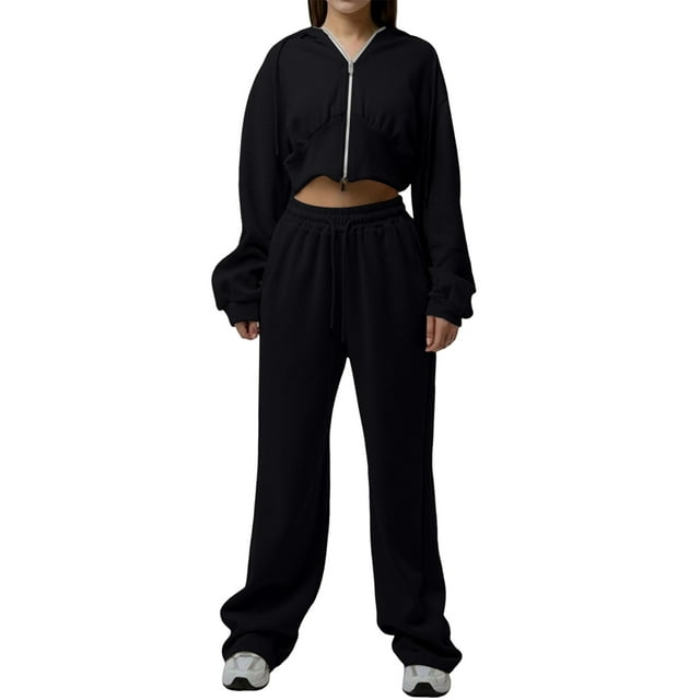 Women'S Tracksuit Set - Long Sleeve Zipper Hooded Sweatshirt with Solid Color Lace-Up Pants - Two-Piece Set