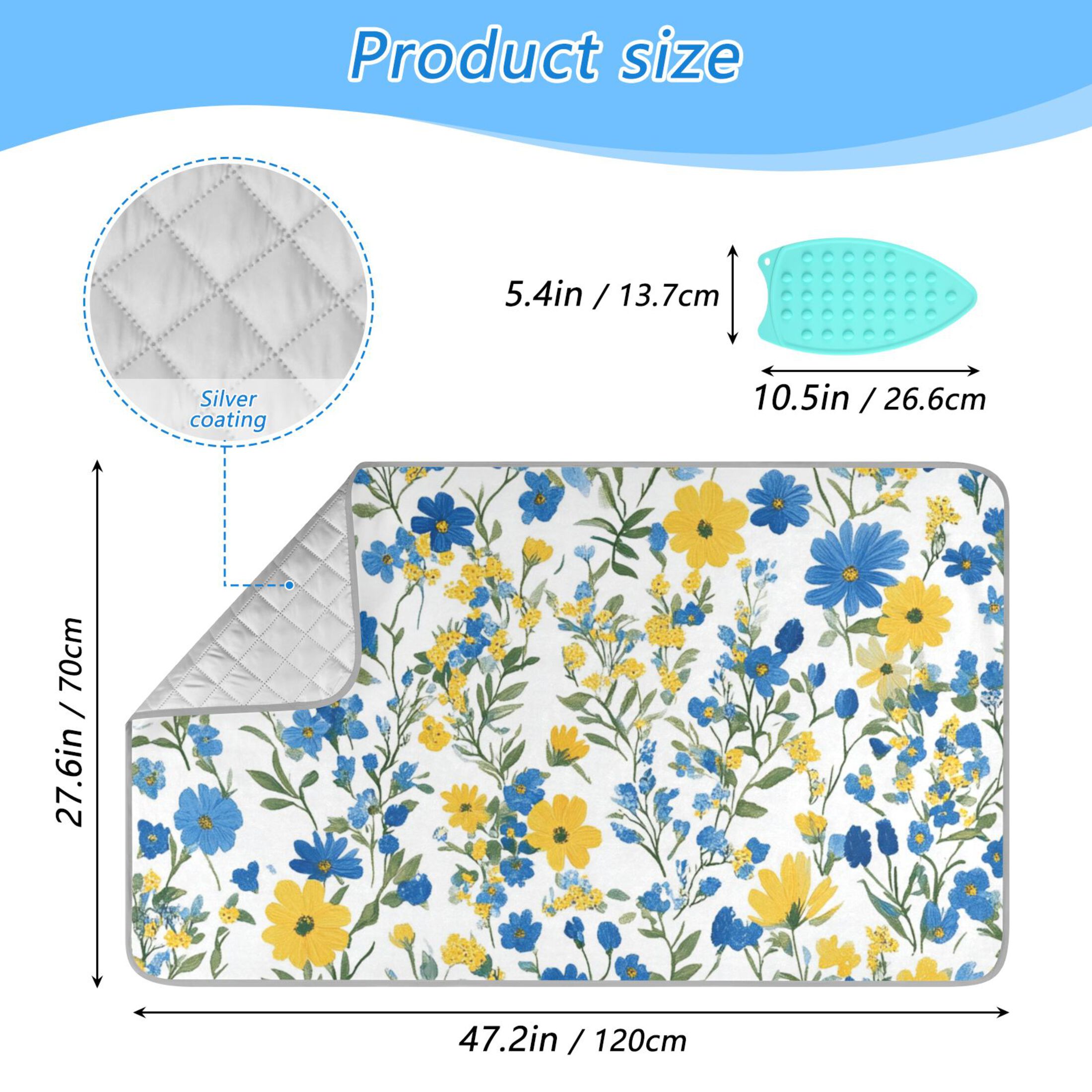 Blue and Yellow Florals Watercolor Ironing Mat Blanket Portable Travel Ironing Pad Heat Resistant Pad 47.2" x 27.6”