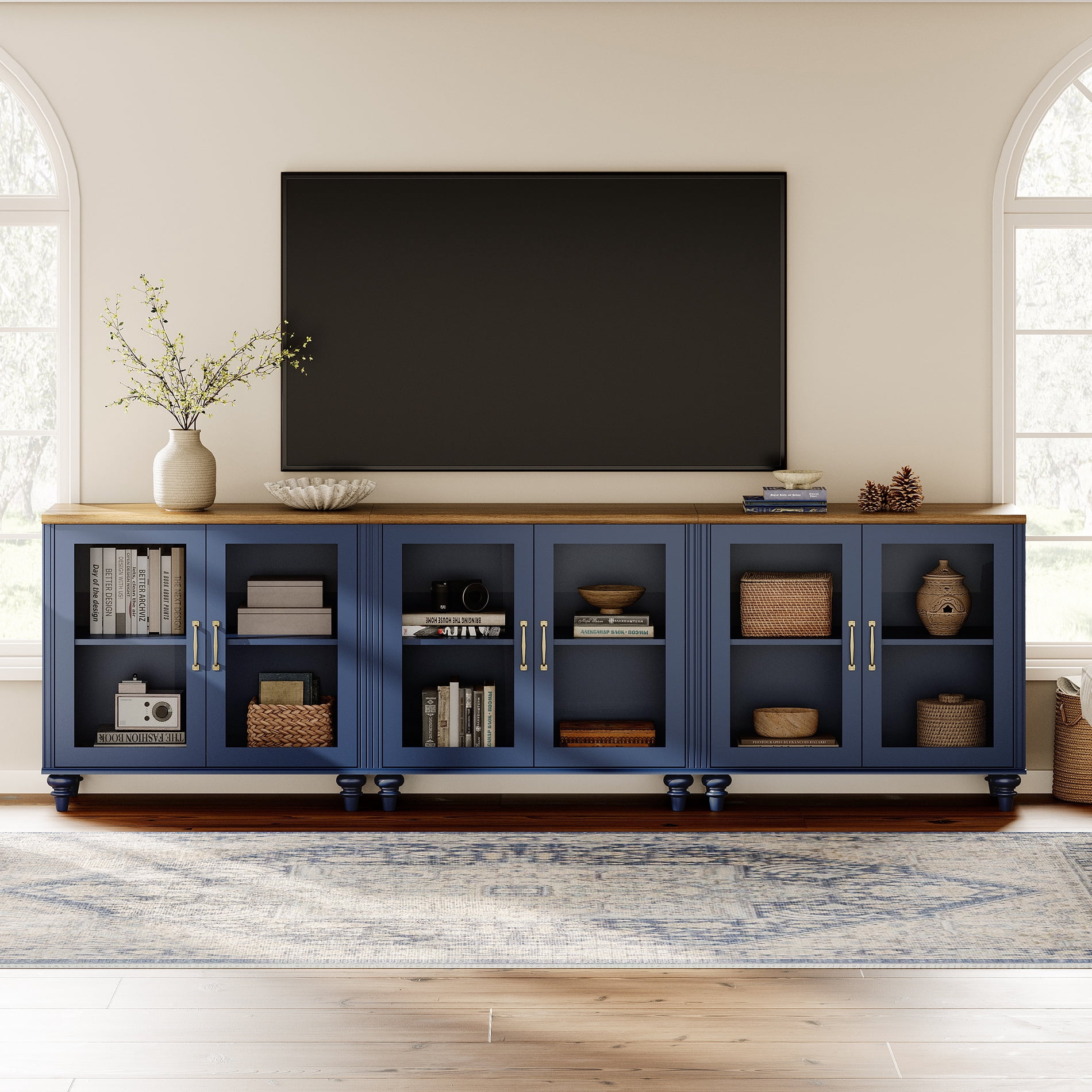 Navy Blue TV Stand for 100 Inch TV, Kitchen Buffet Sideboard with 6 Glass Doors for Dining Room