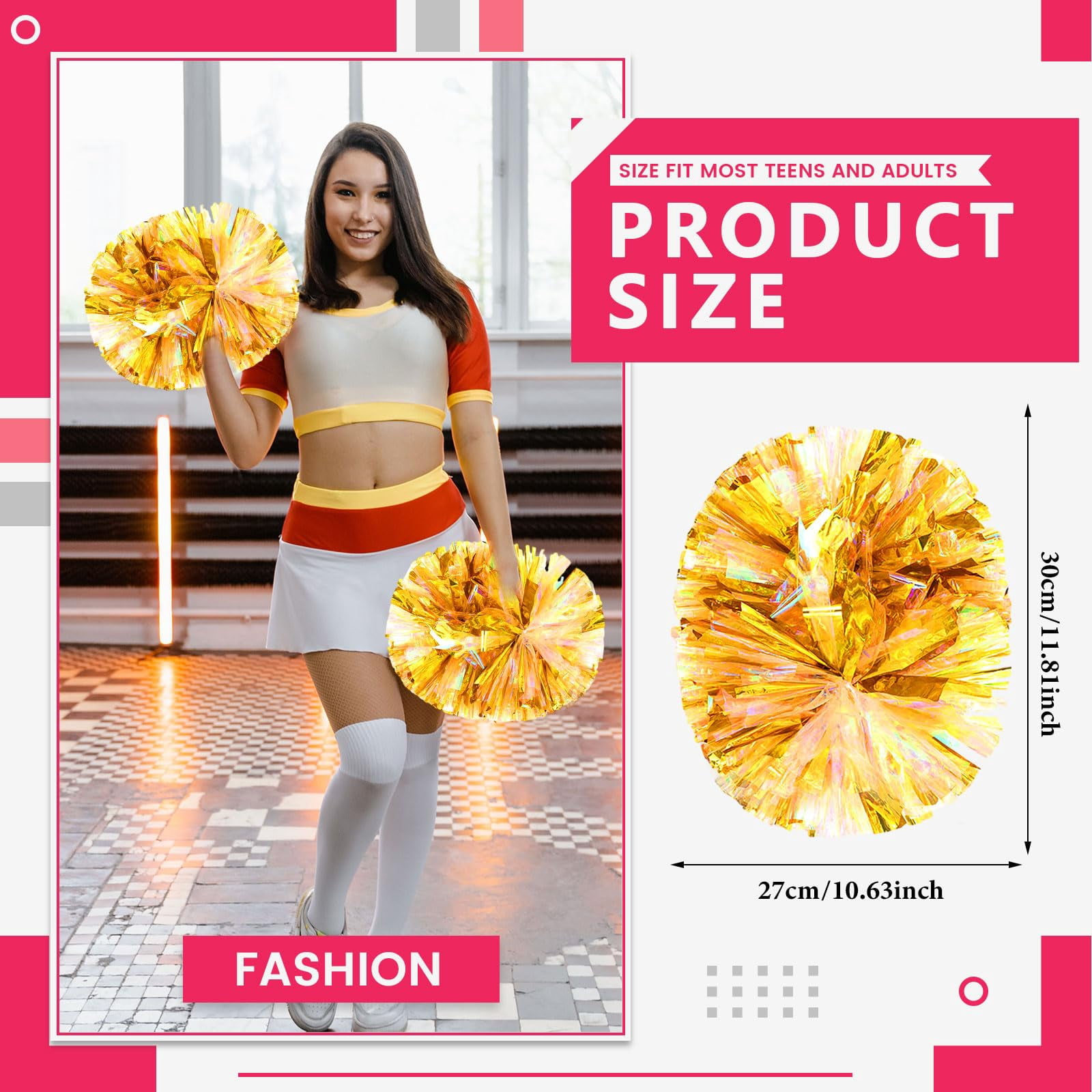 Cheerleading Pom Poms 20 Pcs with Handle Style, Handheld Squad Pompoms for Sports Team Cheer Spirit Games Dance Party Adults