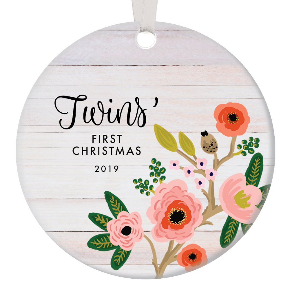 Twin Babies First Christmas Ornament Dated 2019 Holiday Keepsake Parents Baby Shower Party Gift Ideas Congratulations New Mommy & Daddy Modern Rustic Colorful Floral 3" Ceramic Decorations OR01334 - image 1 of 2