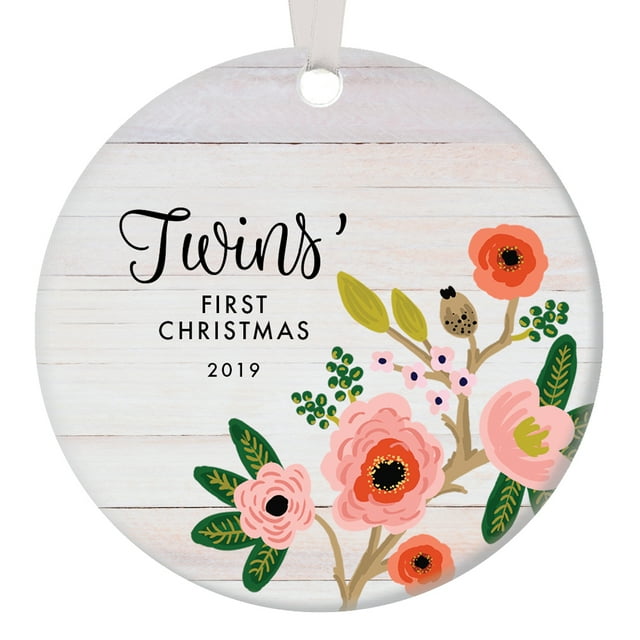 Twin Babies First Christmas Ornament Dated 2019 Holiday Keepsake Parents Baby Shower Party Gift Ideas Congratulations New Mommy & Daddy Modern Rustic Colorful Floral 3" Ceramic Decorations OR01334
