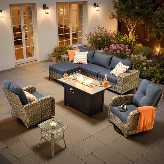 XIZZI Patio Furniture Outdoor Conversation Set with Wide Armrests, Wicker Rattan Patio Outdoor sectional with Firepit Table and Swivel Rocking Chair, Denim Blue