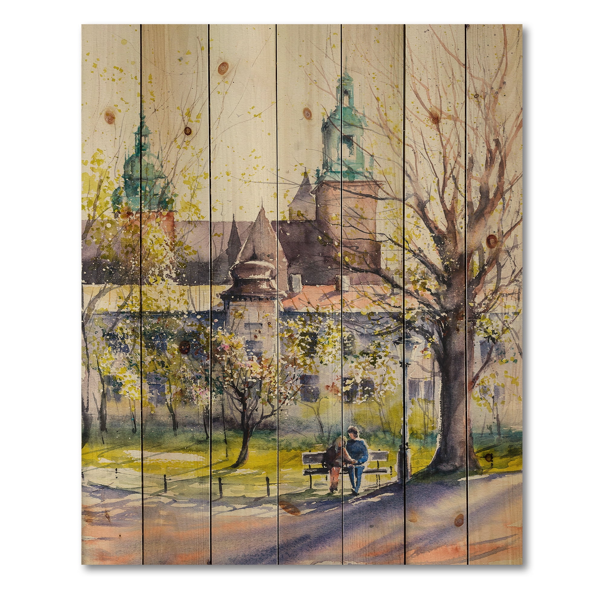 Designart 'Castel Through The Trees of The Park With Couple Sitting on Bench' Country Print on Natural Pine Wood