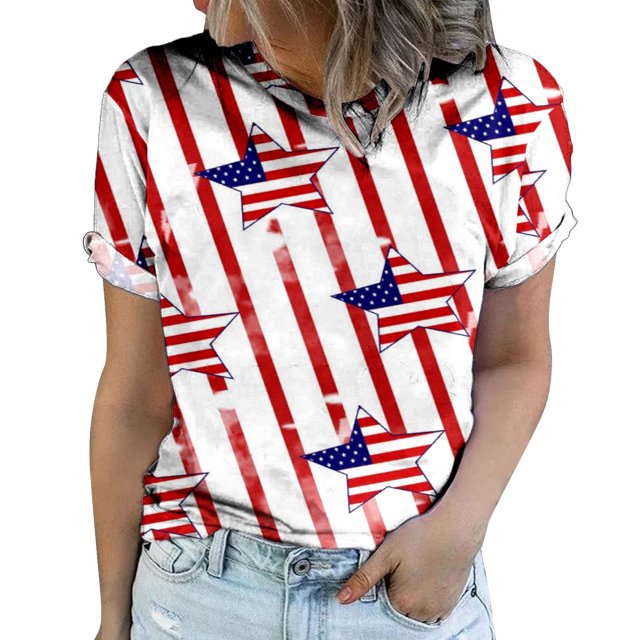 Blusa de manga corta informal con estampado de día de la independencia de cuello redondo de verano para mujer Fridja hjk5505