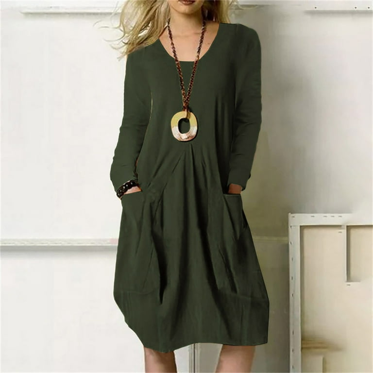 Aueoeo Cotton Linen Skirt Women's Round Neck Loose Casual Solid Color Long  Sleeve Pocket Dress 