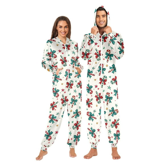 joogoo Christmas Candy Cane Bows Unisex Adults Onesies Pajamas Jumpsuits L