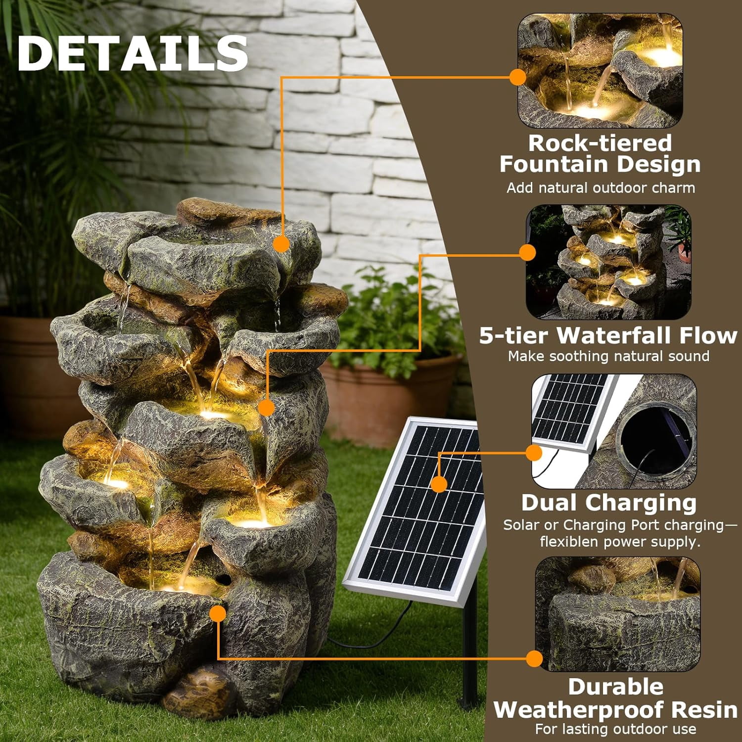 Solar Water Fountain Outdoor Garden,5 Tiered Cascading Rock Solar Powered Water Fountain Water Fall Fountains Outside with Lights for Backyard, Patio, Deck, Porch, 19.3" H x 12.2" L x 9.5" W