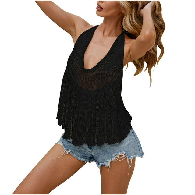 Mujeres Correa Hueca Sobre-Arriba, Verano Cuello Redondo Suéter Cubierta de la Playa para el Uso Informal, Sexy Pequeño Recortado Superior, Ligero Cover-Up