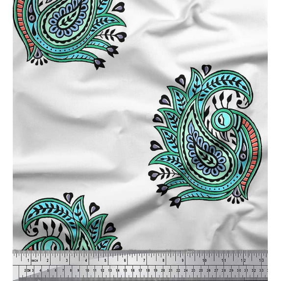Soimoi Polyester Crepe Fabric Peacock Block Print Fabric by Yard 42 Inch Wide