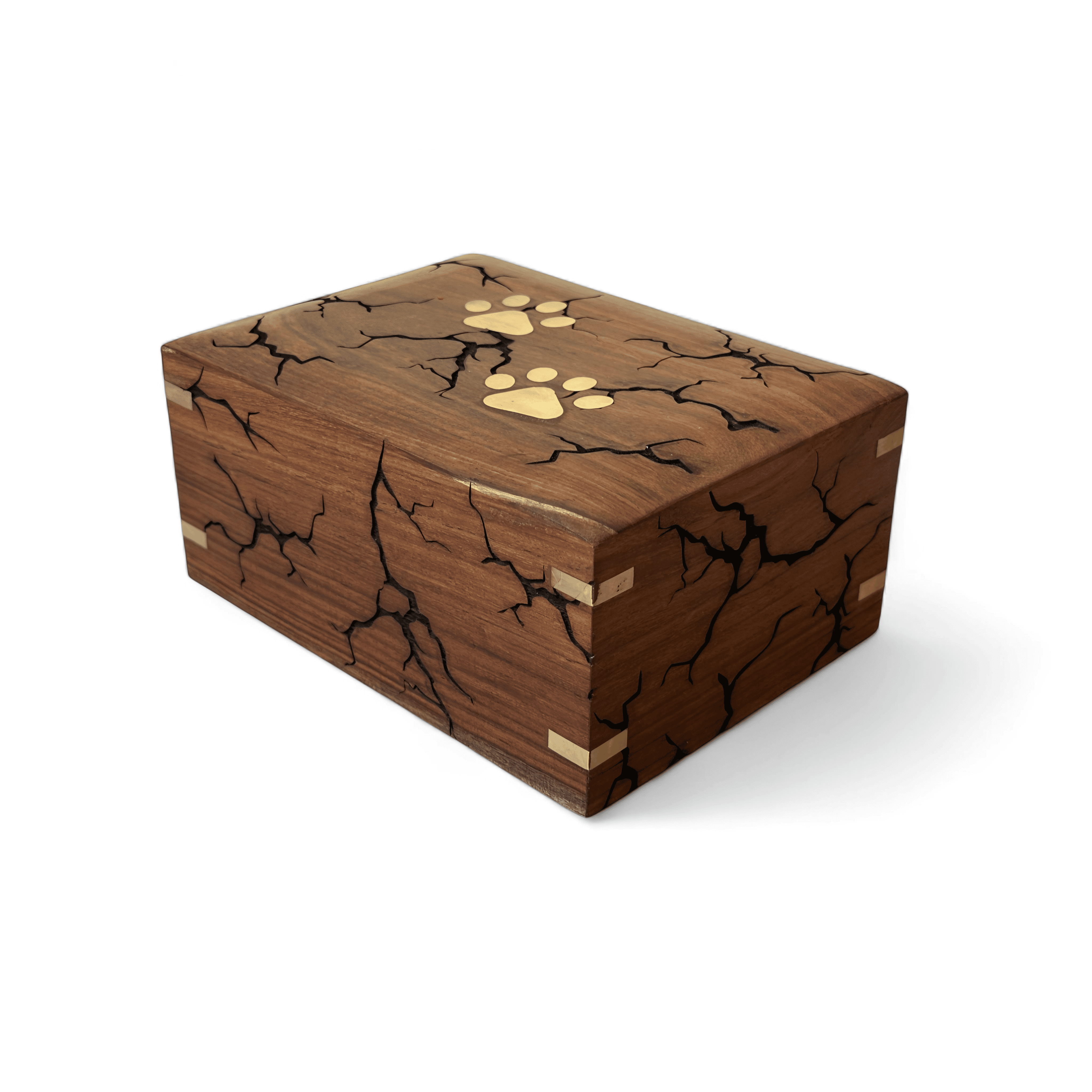 Personalized Cremation Urns for Dog Ashes - Handmade Wooden Pet Urn with Paw Print Inlay – Premium Cracked Wood Design with Brass Accents