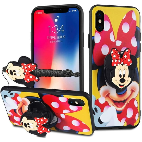 for iPhone 12 Mini Case - Minnie Mickey Mouse Cartoon Case Soft TPU Silicone Shockproof Case with Phone Holder Stand and Detachable Long Lanyard for Girls Boys (Yellow)