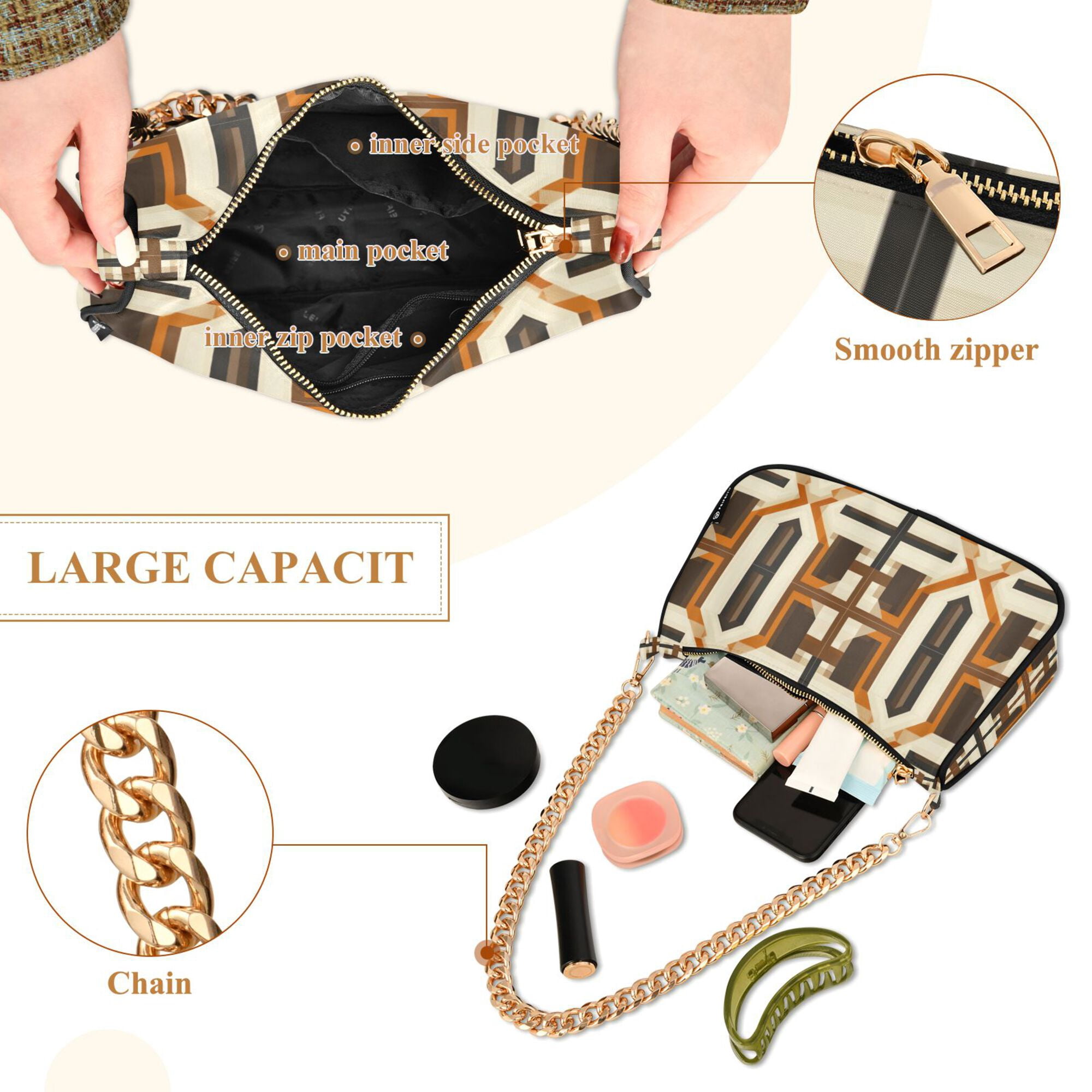 FORMRS Womens Shoulder Bag with Chain Strap Clutch Purse Cute Tote Handbag, Beige Geometric