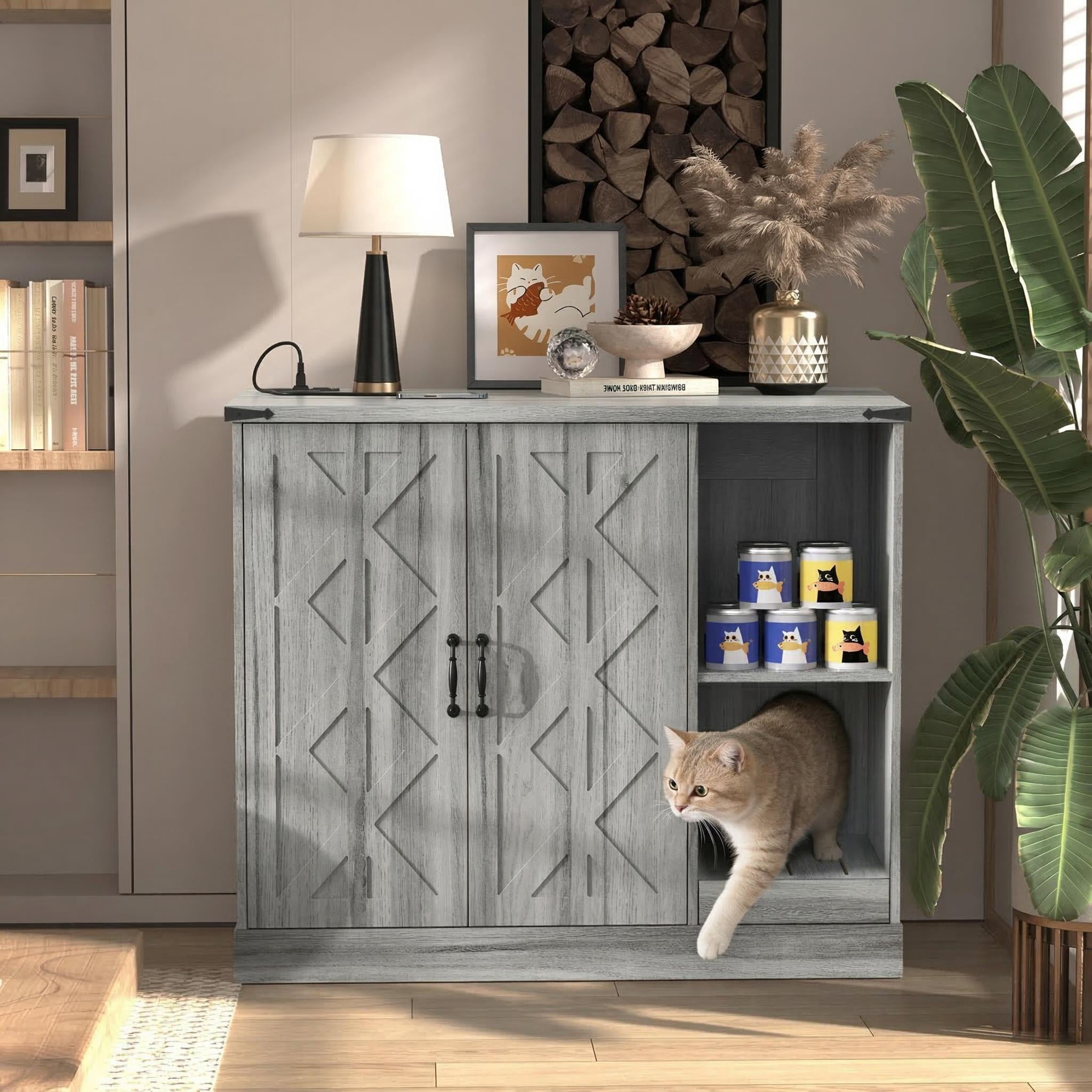 FFZ Cat Litter Box Cabinet Power Outlet Contemporary Furniture Large Automatic Hidden Enclosure Gray