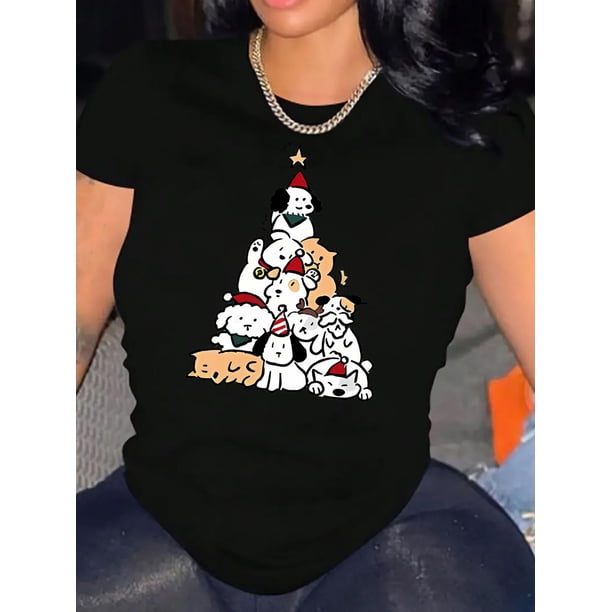 Camiseta De Verano MujerWomen's Festive Puppy Christmas Tree Graphic T-Shirt - Casual Round Neck Short Sleeve, Comfortable Polyester Blend, Holiday-Themed Summer Top, Dog Christmas ClothesFather's D