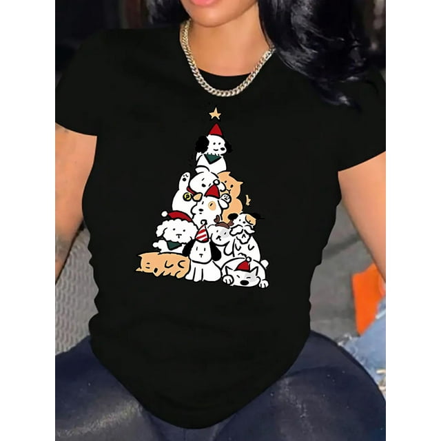 Women's Festive Puppy Christmas Tree Graphic T-Shirt - Casual Round Neck Short Sleeve, Comfortable Polyester Blend, Holiday-Themed Summer Top, Dog Christmas Clothes