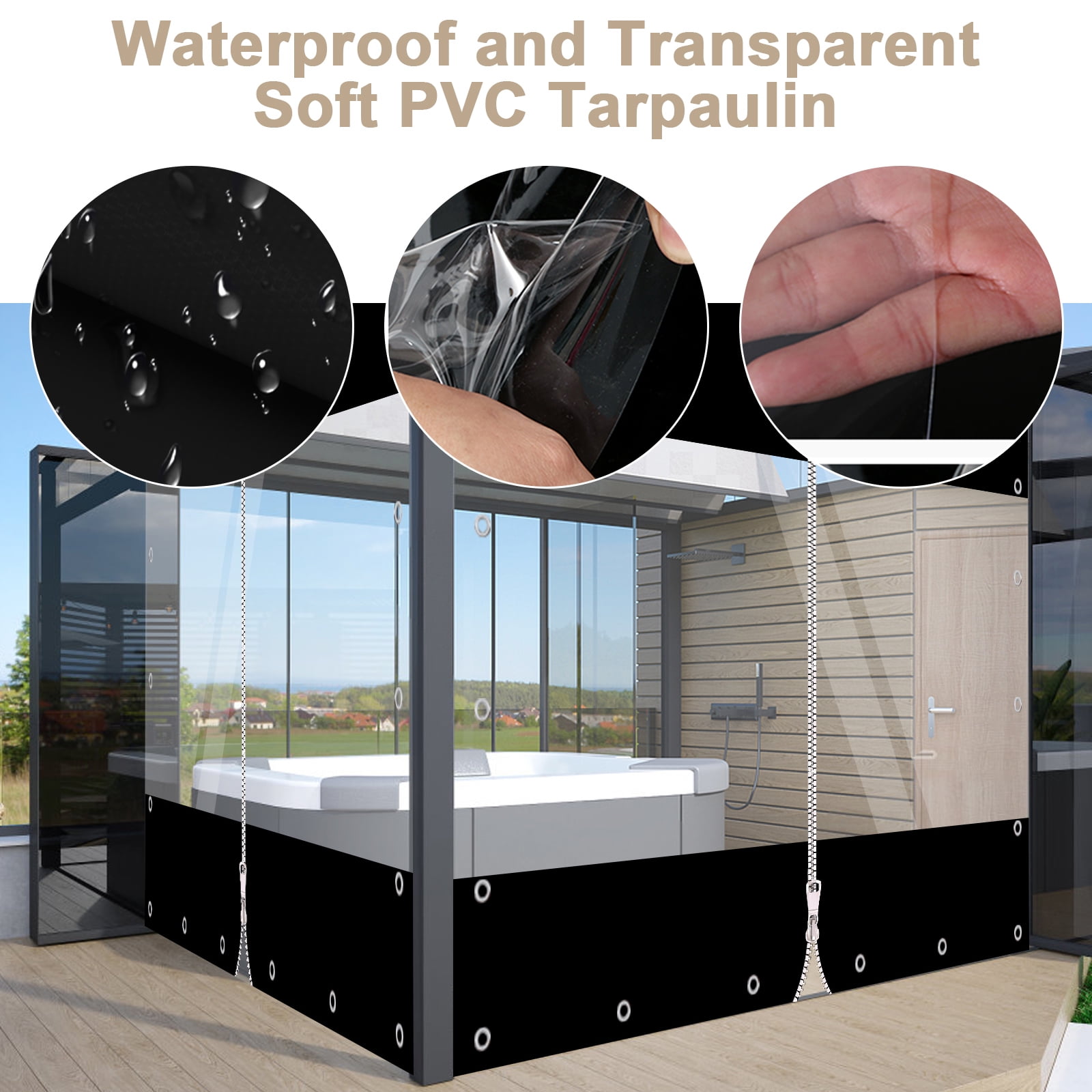TOPCHANCES Clear Vinyl Curtains with Zipper Entry, Heavy Duty Waterproof PVC Clear Tarp with Grommets, Outdoor Clear Panel Curtain for Porch, Pergola, Gazebo, Patio, Enclosure (7'H x 8'W, Black)