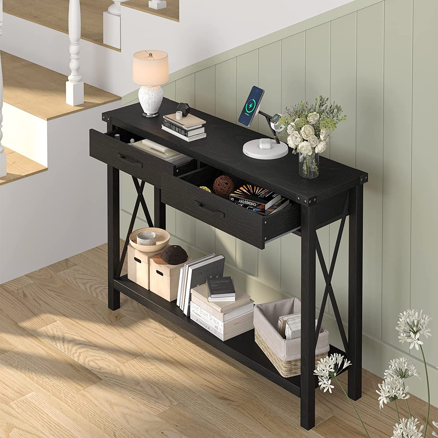 2 Tier Wooden Console Table with Storage Drawers,  Console Table for Entryway, Living Room, Hallway