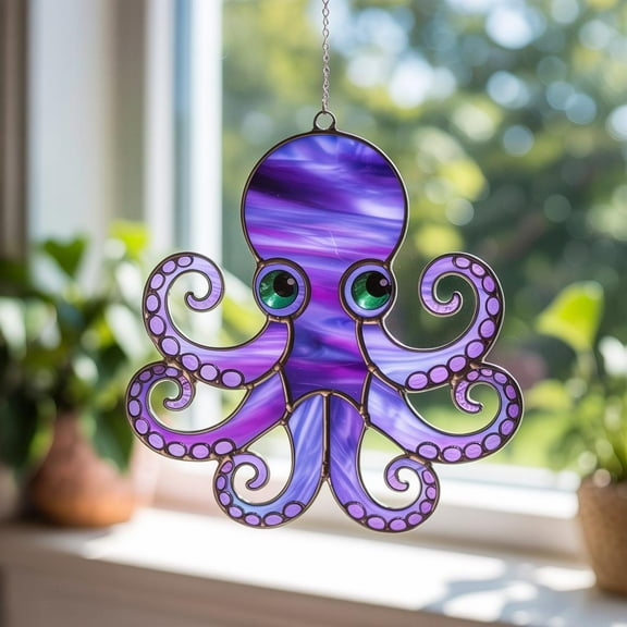 Purple Octopus Acrylic Suncatcher, Cute Octopus Window Hanging, Stained Glass Style Sea Animal Decor, Ocean Nautical Marine Home Ornament
