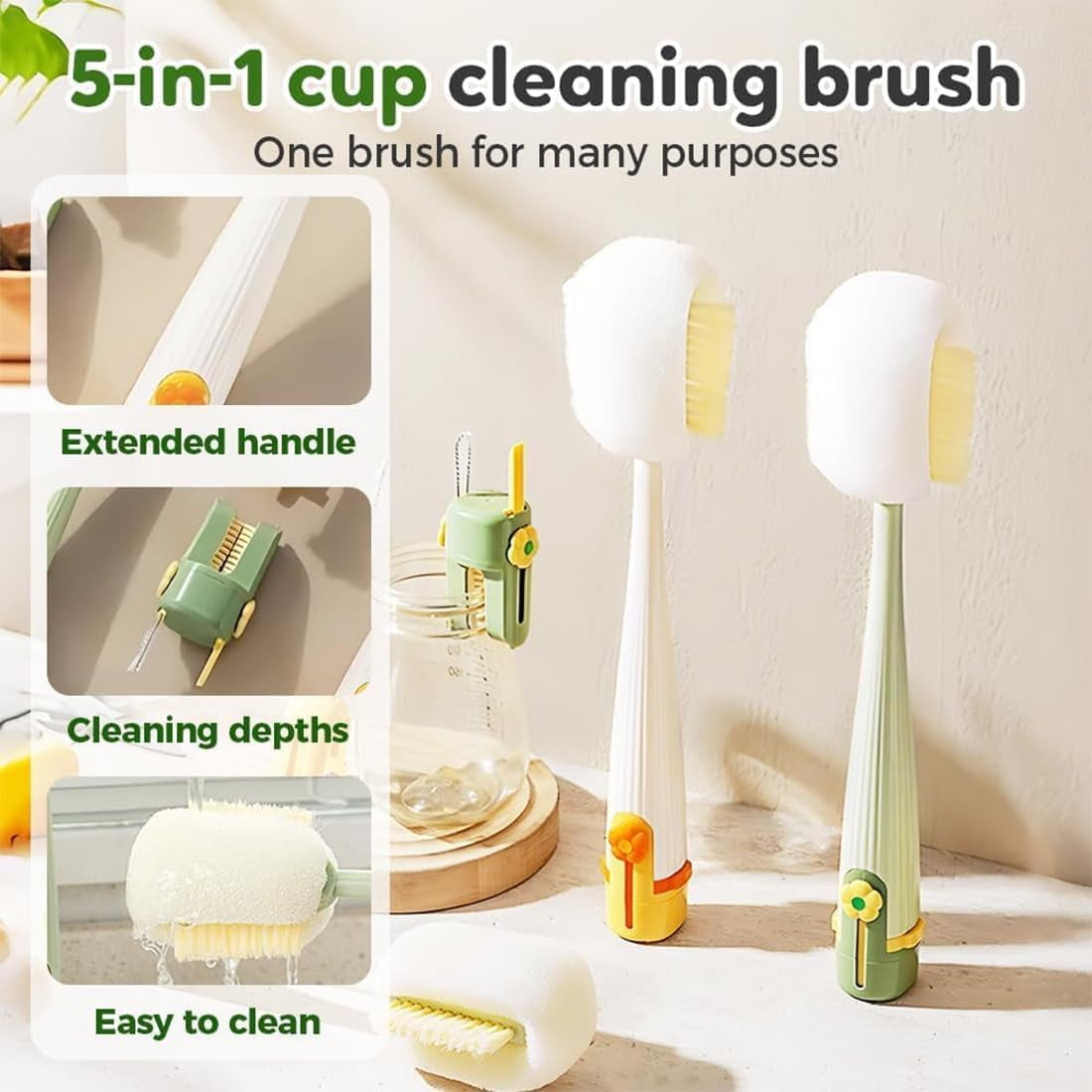 Multifunctional 5-in-1 Bottle Brush, Portable Long Handle Cleaning Brush Set for Travel Mugs, Cups, Lids and Straws, Durable Food-Grade Design for Daily Use