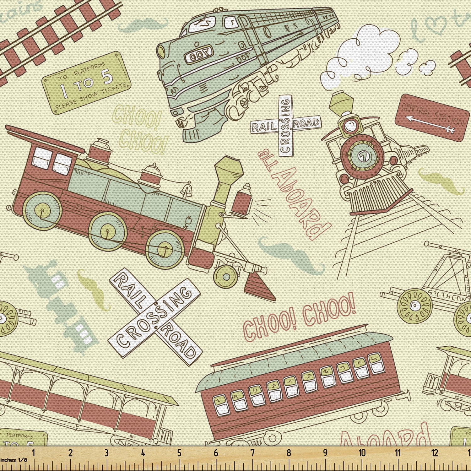 Train Sofa Upholstery Fabric by the Yard, Vintage Doodle Composition ...