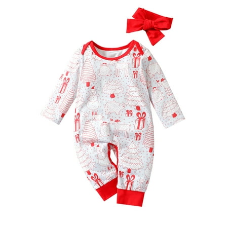 

Qiylii Baby Christmas Romper Cartoon Print Long Sleeves Jumpsuit + Headband