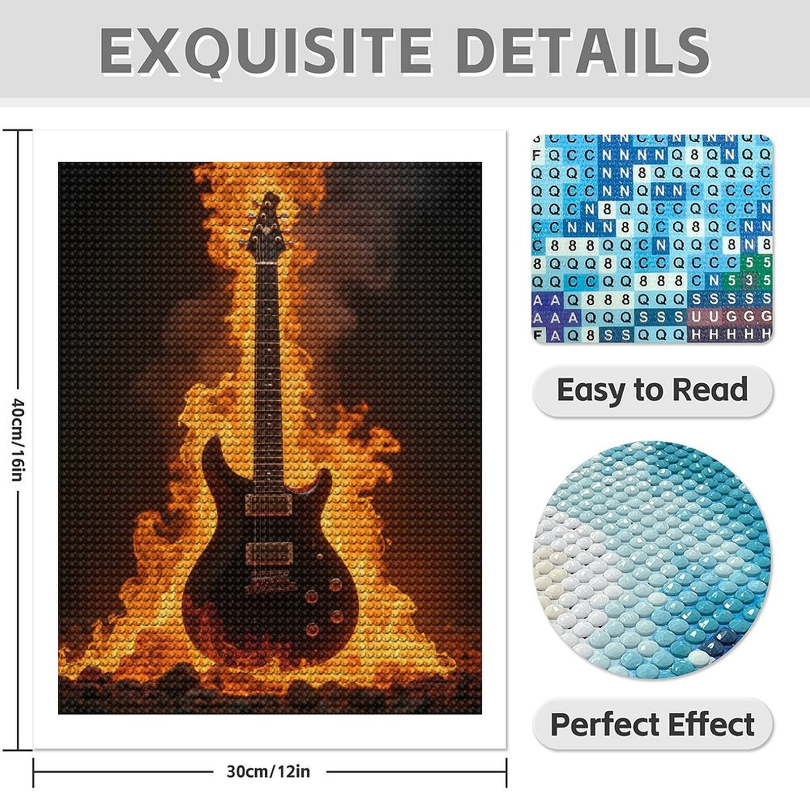 Diamond Art Kit for Adults, Guitar Fire Blaze Rock Music Diamond Painting for Adults Beginners, 5D DIY Diamond Art Painting Kits, Colorful Diamond Painting Craft for Home Decor 12x16
