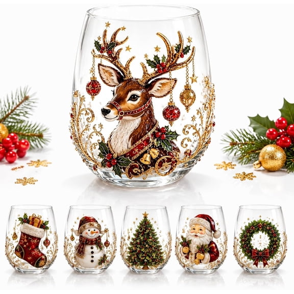 Christmas Glass Art Cup Cute Holiday Glassware for Decor Gift, 2D Handmade Christmas Glass Cup for Drinks Coffee Tea Wine & Cocktails Holiday Party Glassware & Gift
