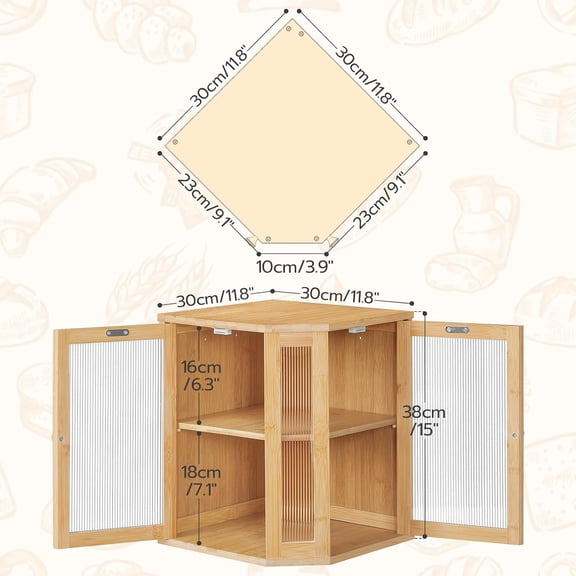 Bamboo Bread Box, Kitchen Countertop Corner Bread Box, Large Capacity 2-Tier Bread Container, Bread Storage Container with Dual Rippled Acrylic Doors, for Kitchen Food Storage, Natural YL12MB01