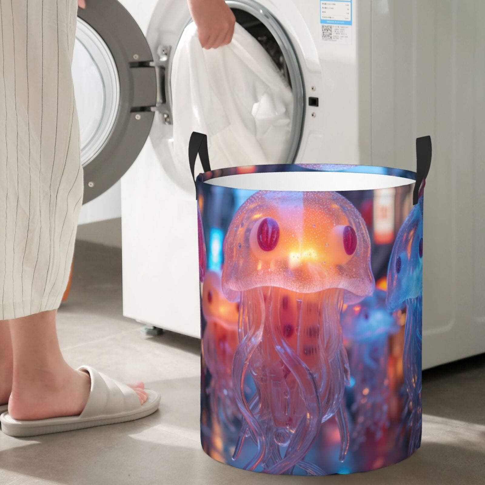 Large Laundry Basket with Handles - Cute Jellyfish Lights print Kids Baby Dirty Clothes Laundry Hamper for Bedroom Aesthetic
